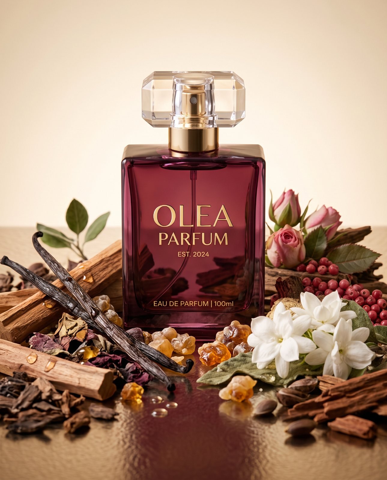 Frasco de perfume Olea rodeado de ingredientes